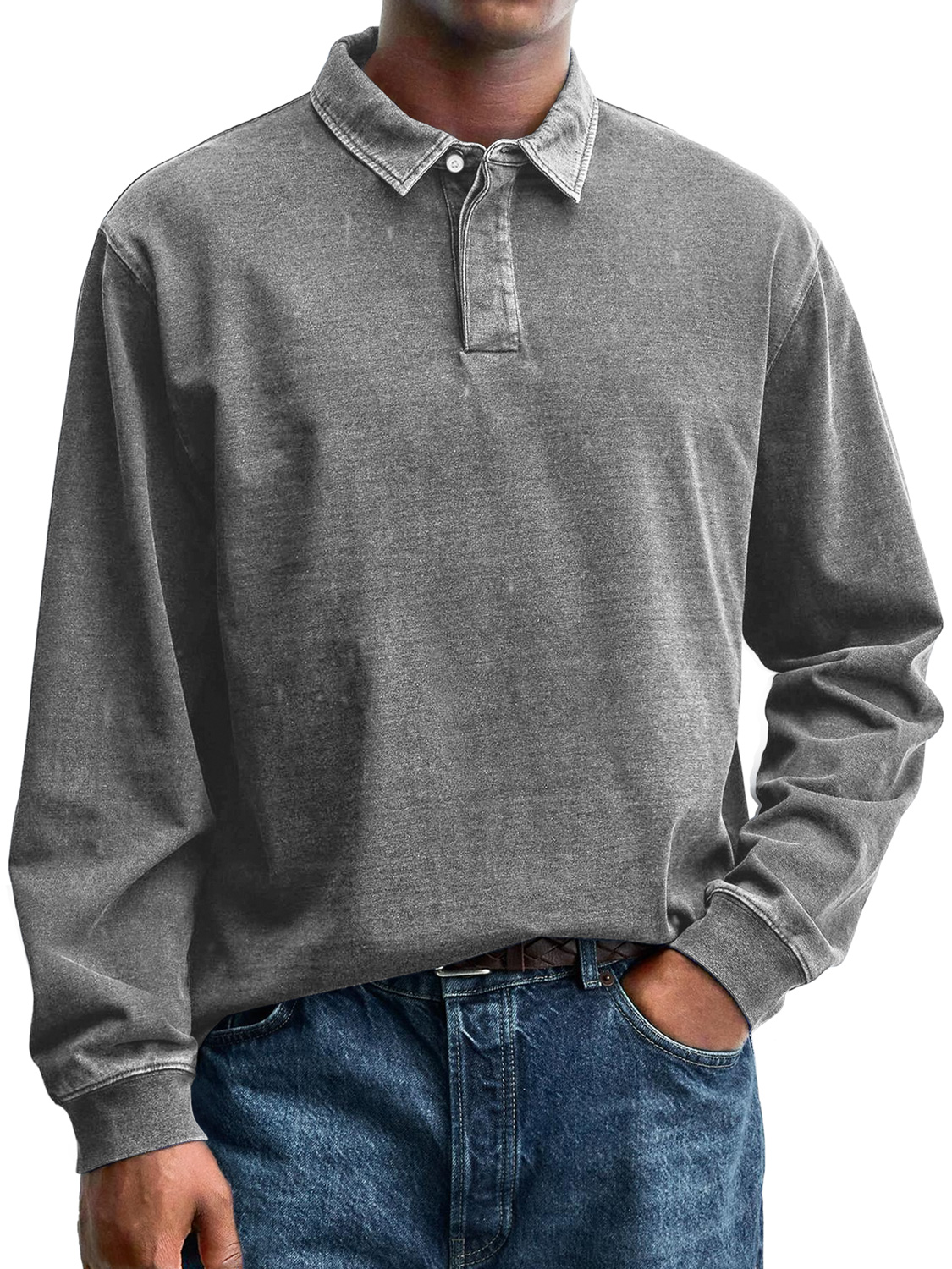 Herren Retro Alltag Kragen Knopf Lässig Langarm Polohemd-deurabatt