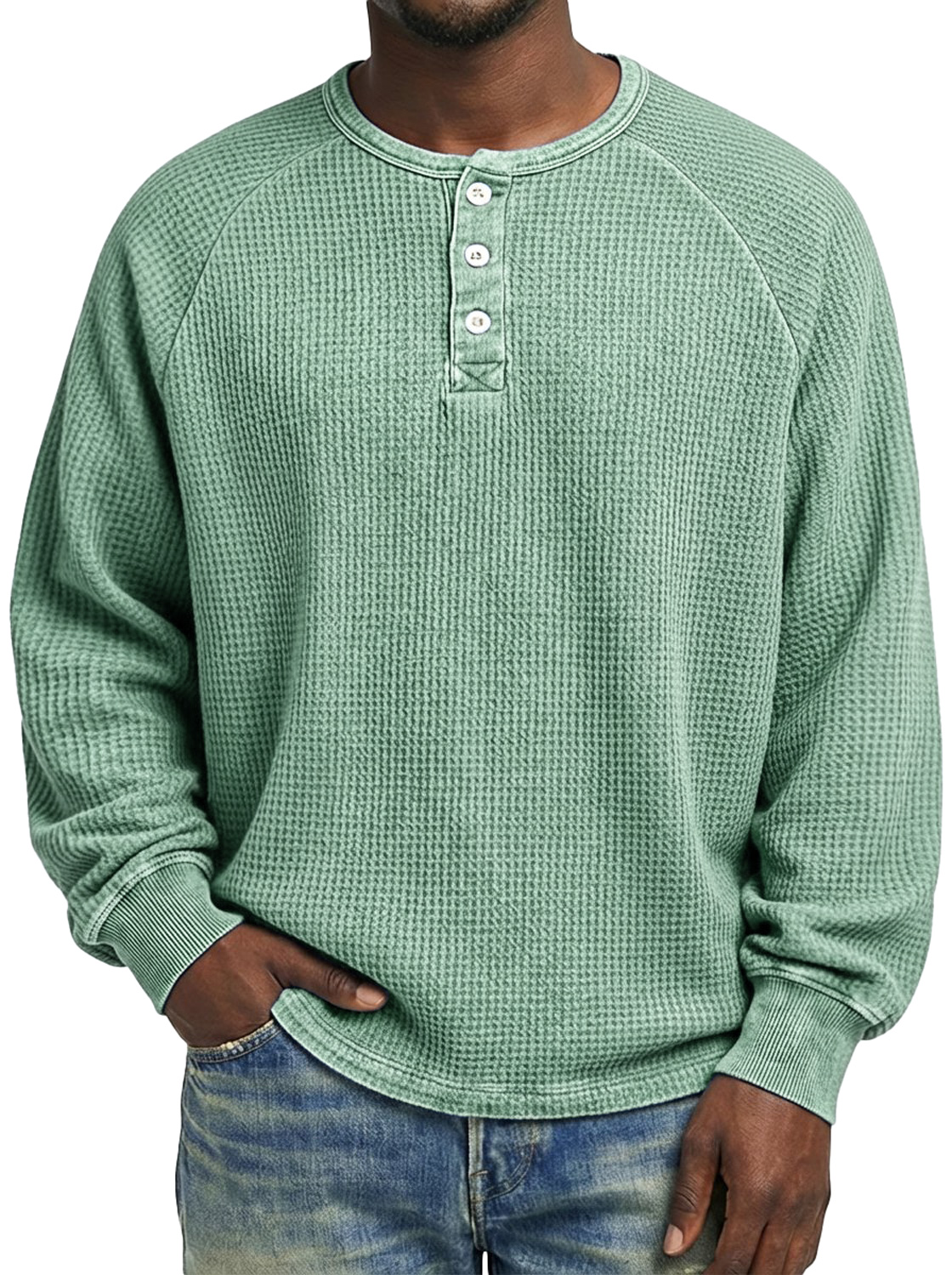 Herren Freizeit Raglanärmel Waffelstrick Bequem Langarm Henley Shirt-deurabatt