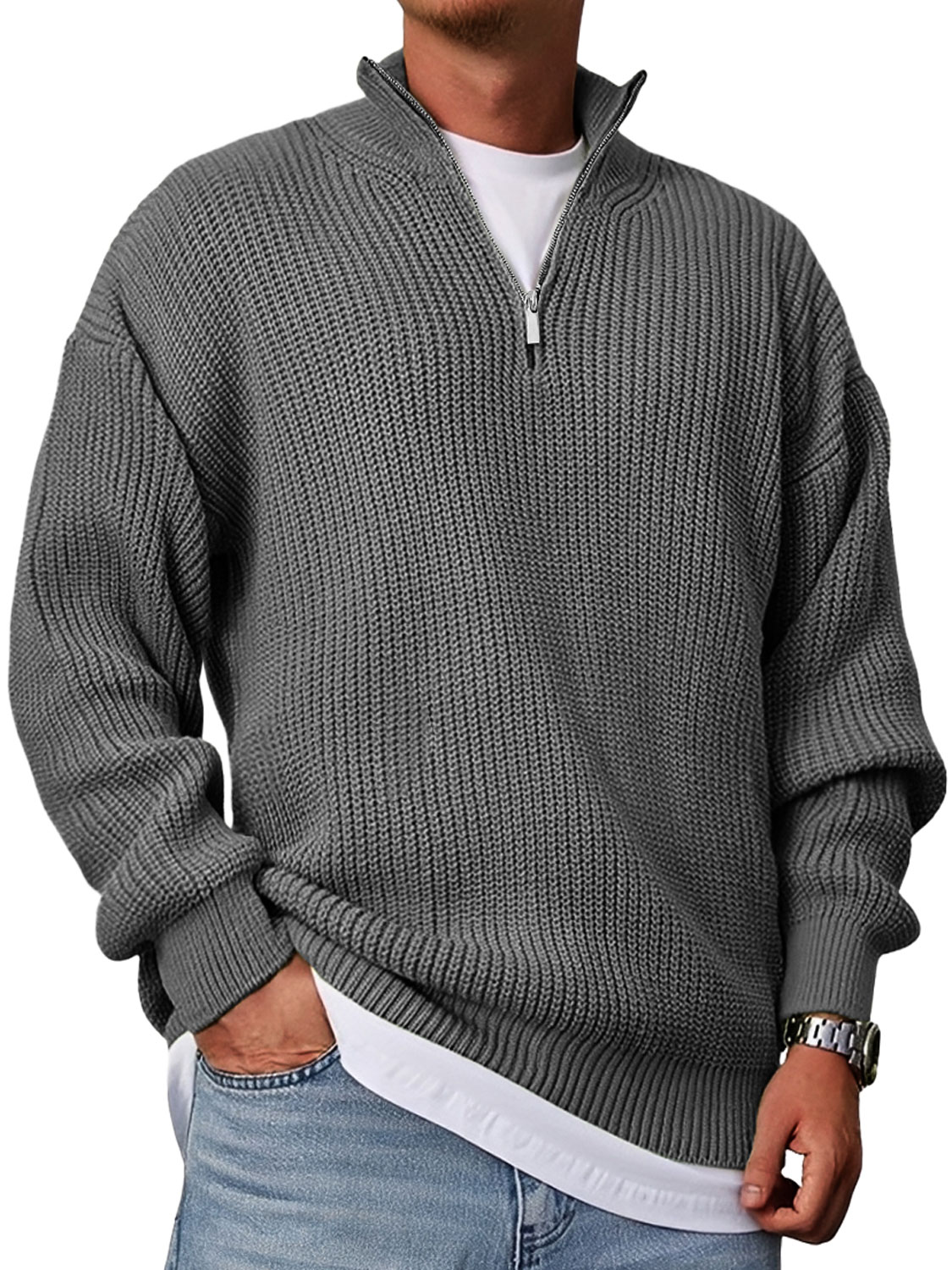 Herren Freizeitmode Lockere Stehkragen Reißverschluss Einfarbiger Pullover-deurabatt