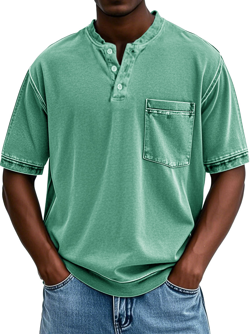 Herrenmode Retro Rundhals Tasche Kurzarm Henley Shirt-deurabatt