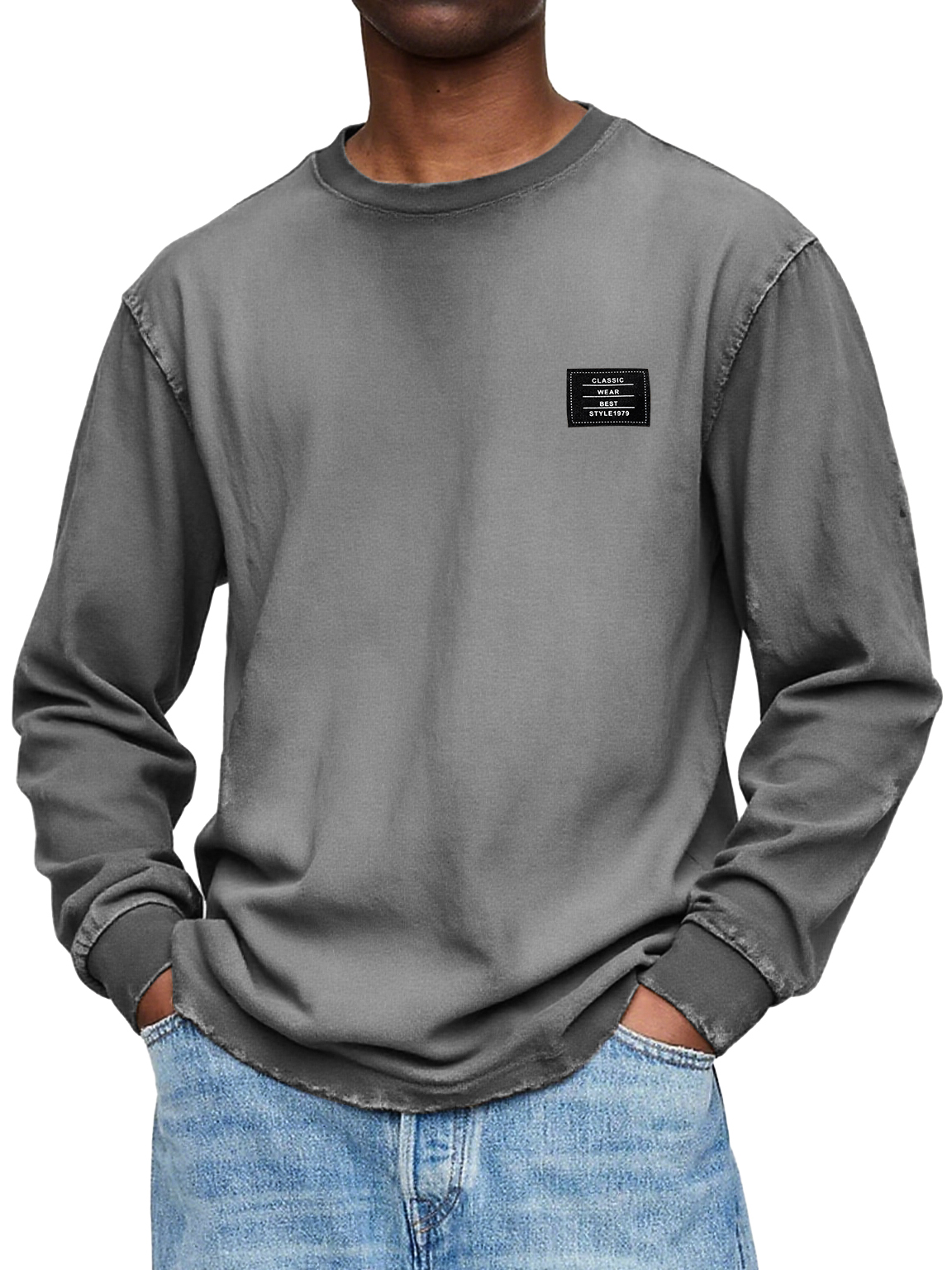 Herren Vintage Casual Gewaschen und Abgenutzt Schweres, Handgefertigtes Besticktes Logo Langarm-T-Shirt-ZierMode