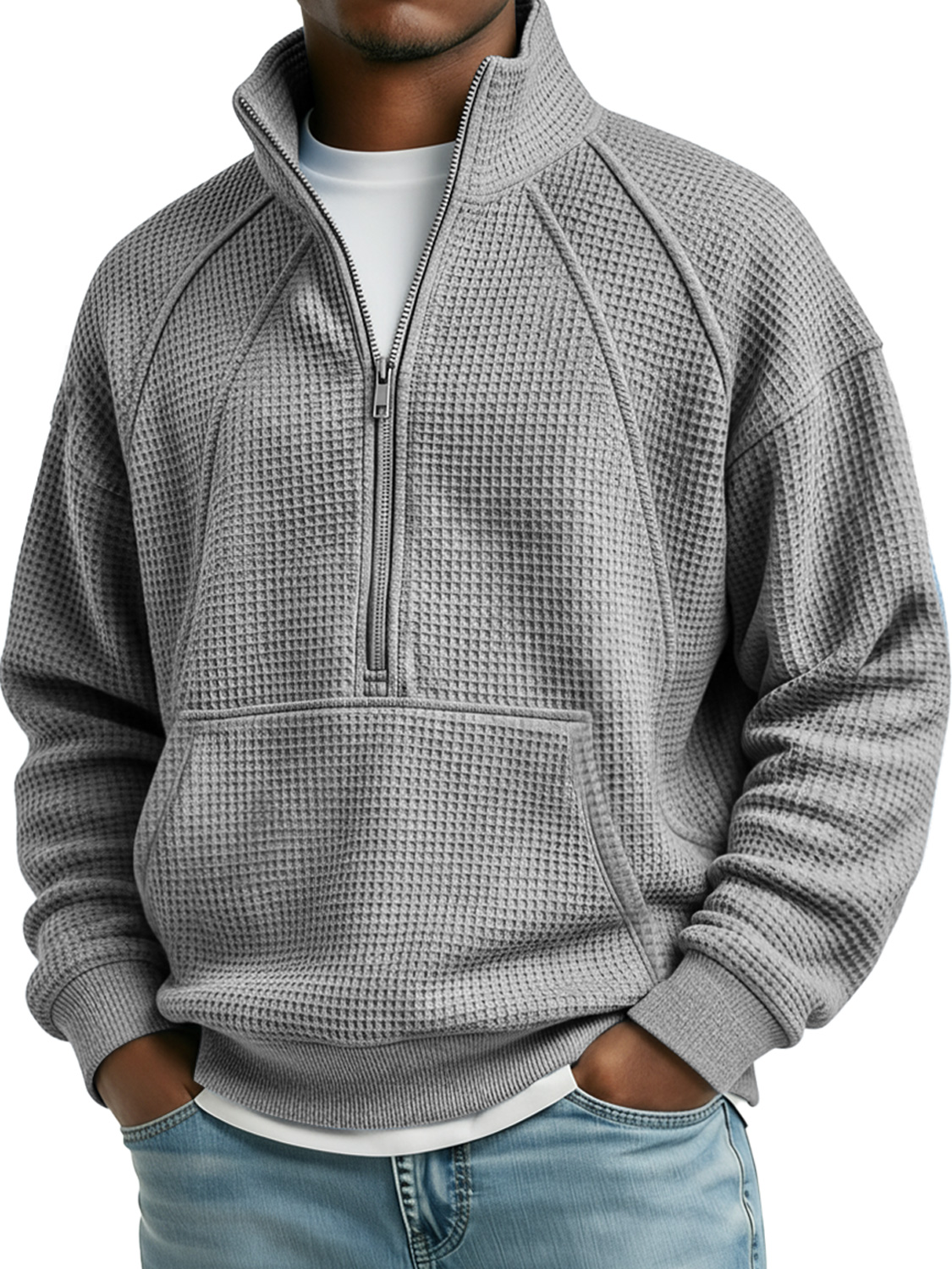 Herren Waffel Stehkragen Reißverschluss Raglan Freizeit Tasche Sweatshirt-deurabatt