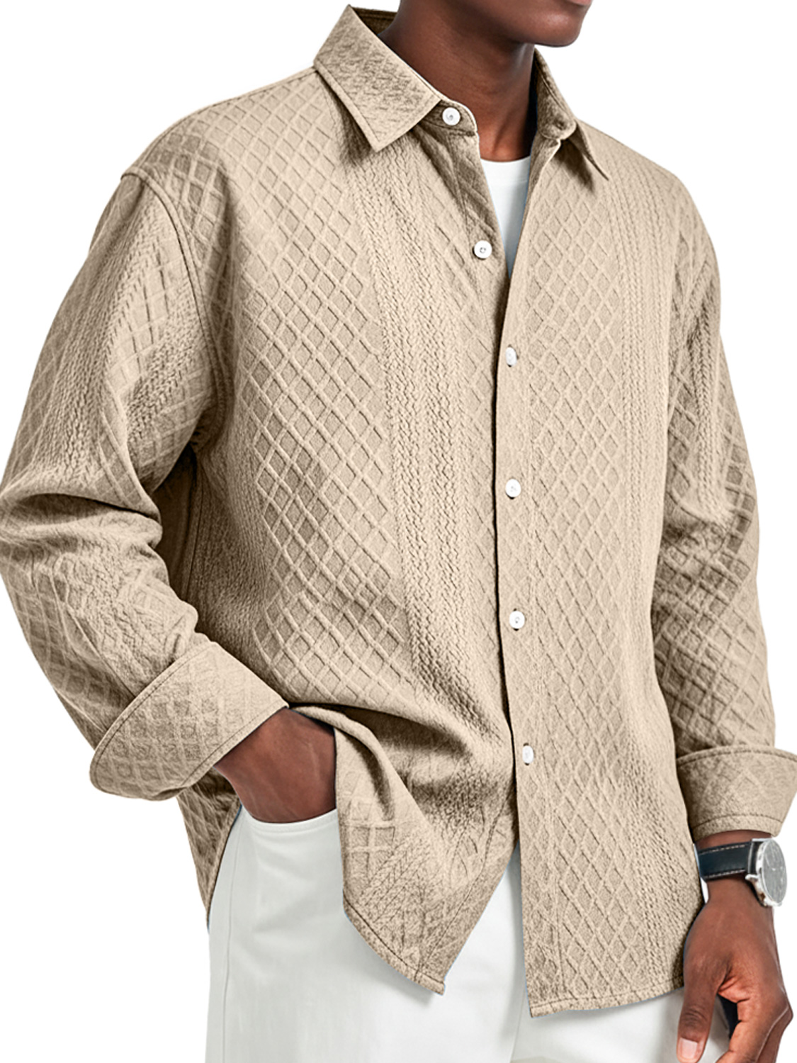 Herren Daily Jacquard Struktur Freizeit Revers Langarmhemd-deurabatt