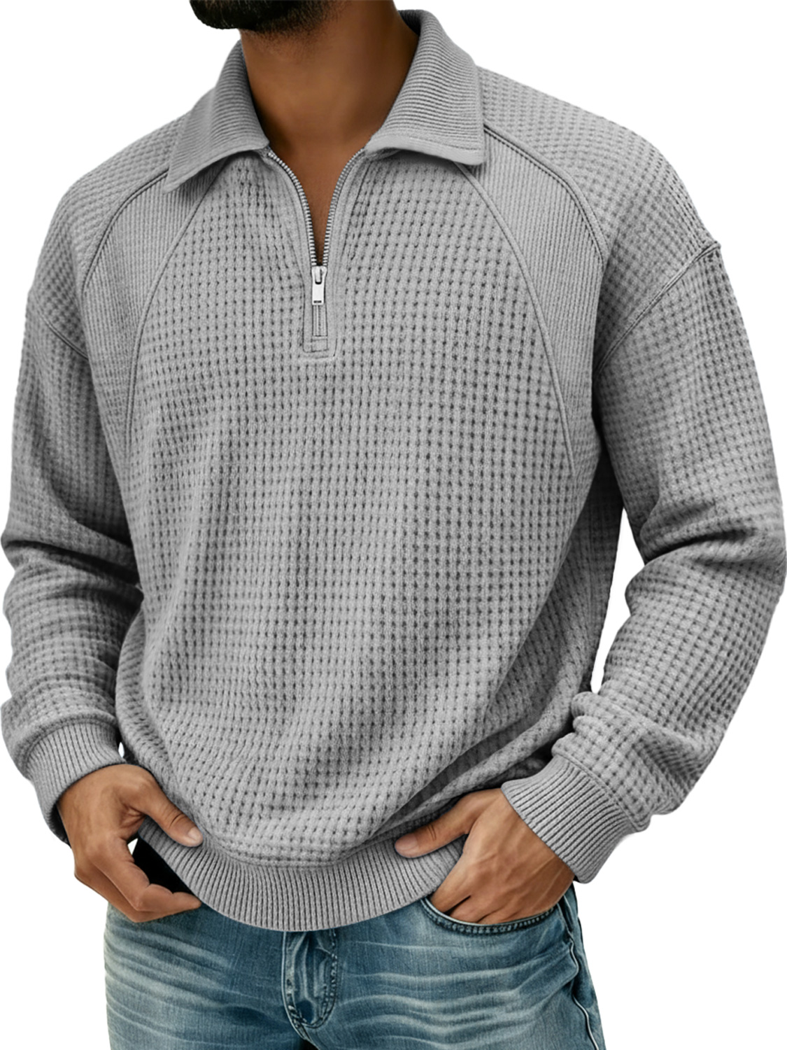 Herren Waffel Revers Reißverschluss Design Split Naht Polo Shirt-deurabatt