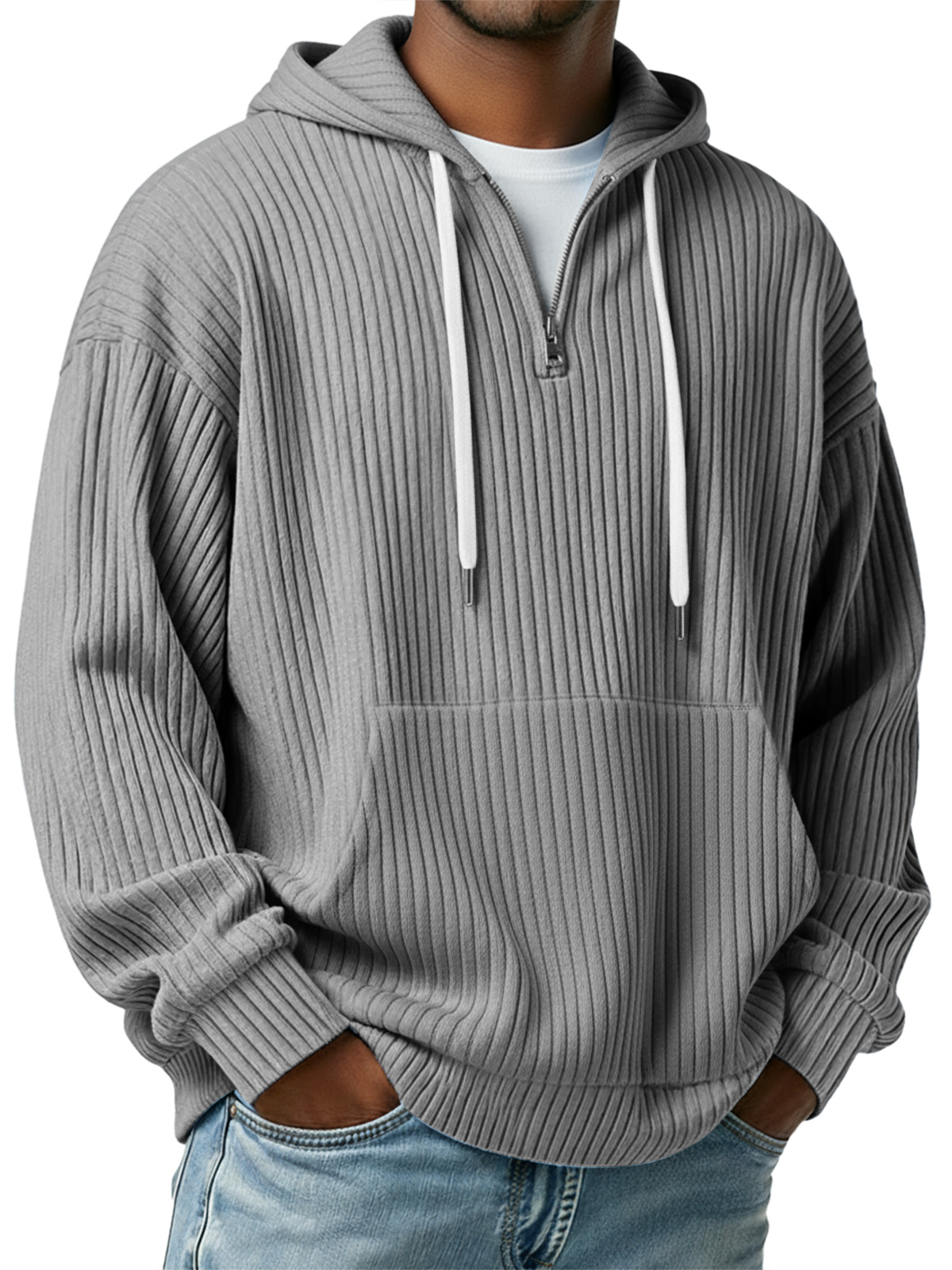 Herren Einfaches Rippstrick Kapuzenzipper Lässiger Lockere Sweatshirt-deurabatt