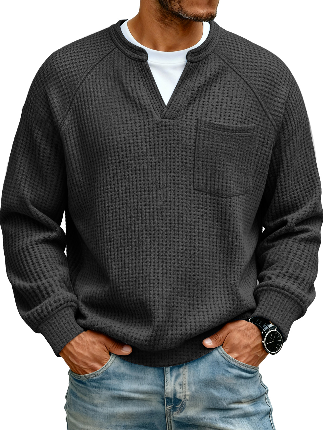 Herren Raglan Waffelstrick Faux Zwei-Teile Freizeit Tasche Langarm T-Shirt-deurabatt