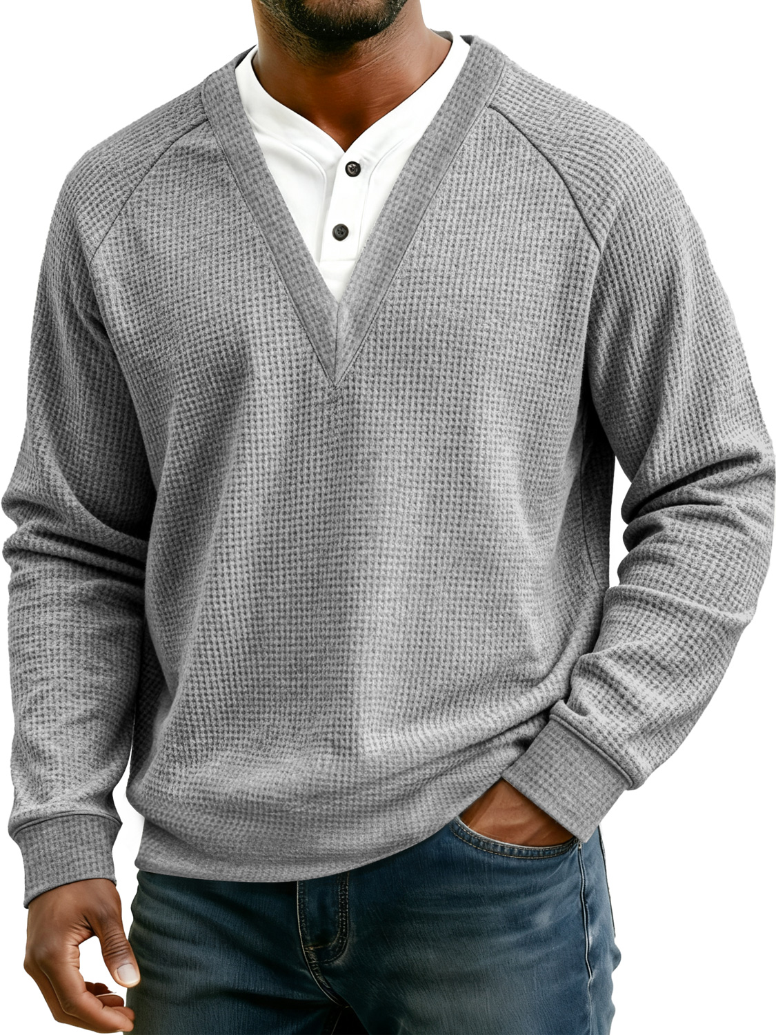 Herren Einfaches Waffel V-Ausschnitt Fake Zweiteiliges Lässiges Langarm-T-Shirt-deurabatt
