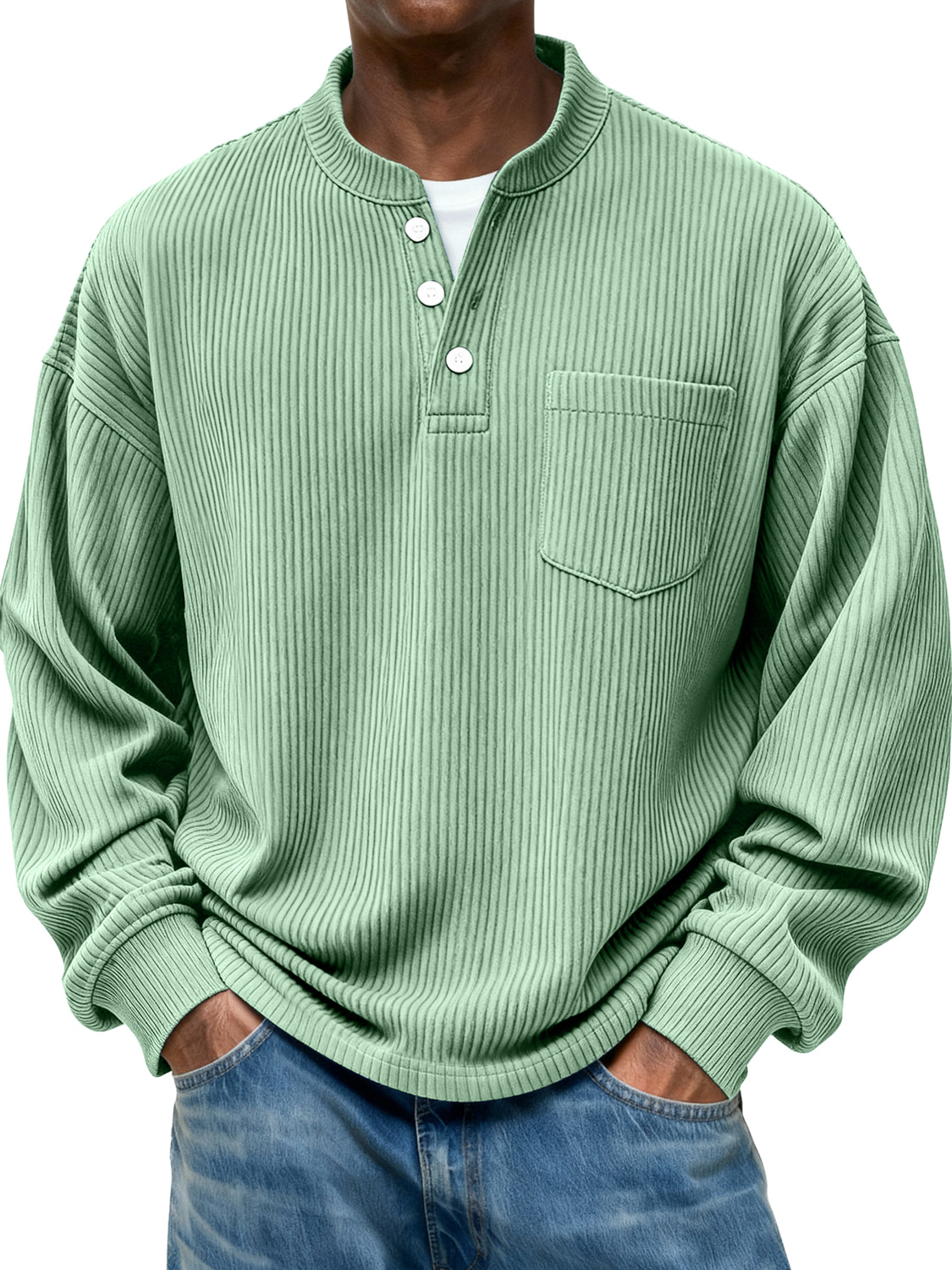 Herren Stehkragen Knopf Ripp Casual Tasche Langarm Henley Shirt-deurabatt