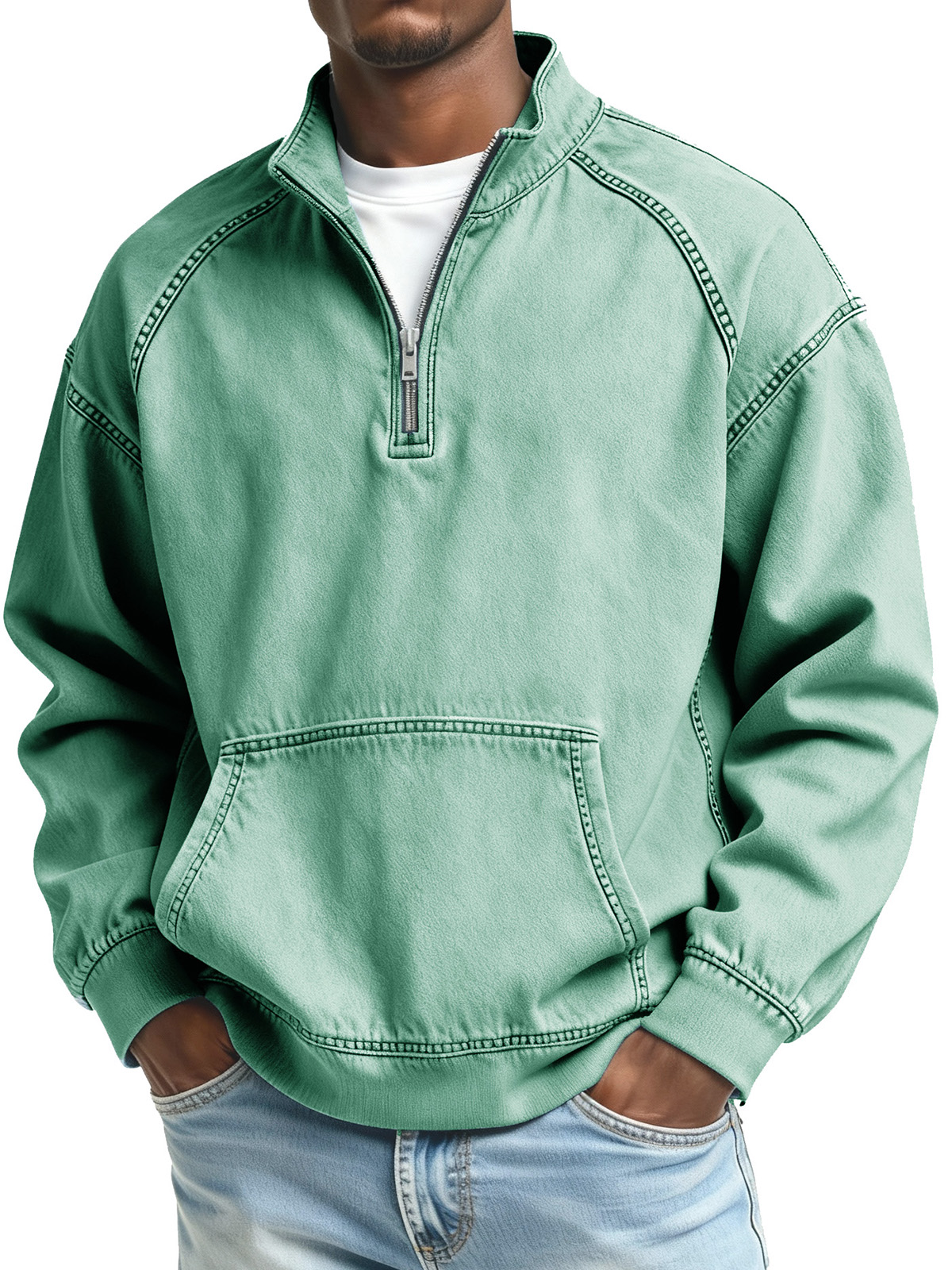 Herren Mode Retro Stehkragen Raglan Tasche Langarm Oberteil-deurabatt