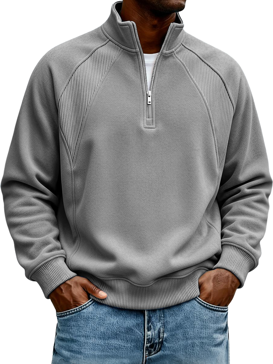 Herren-Sweatshirt mit Stehkragen und Reißverschluss, Raglanärmel-deurabatt