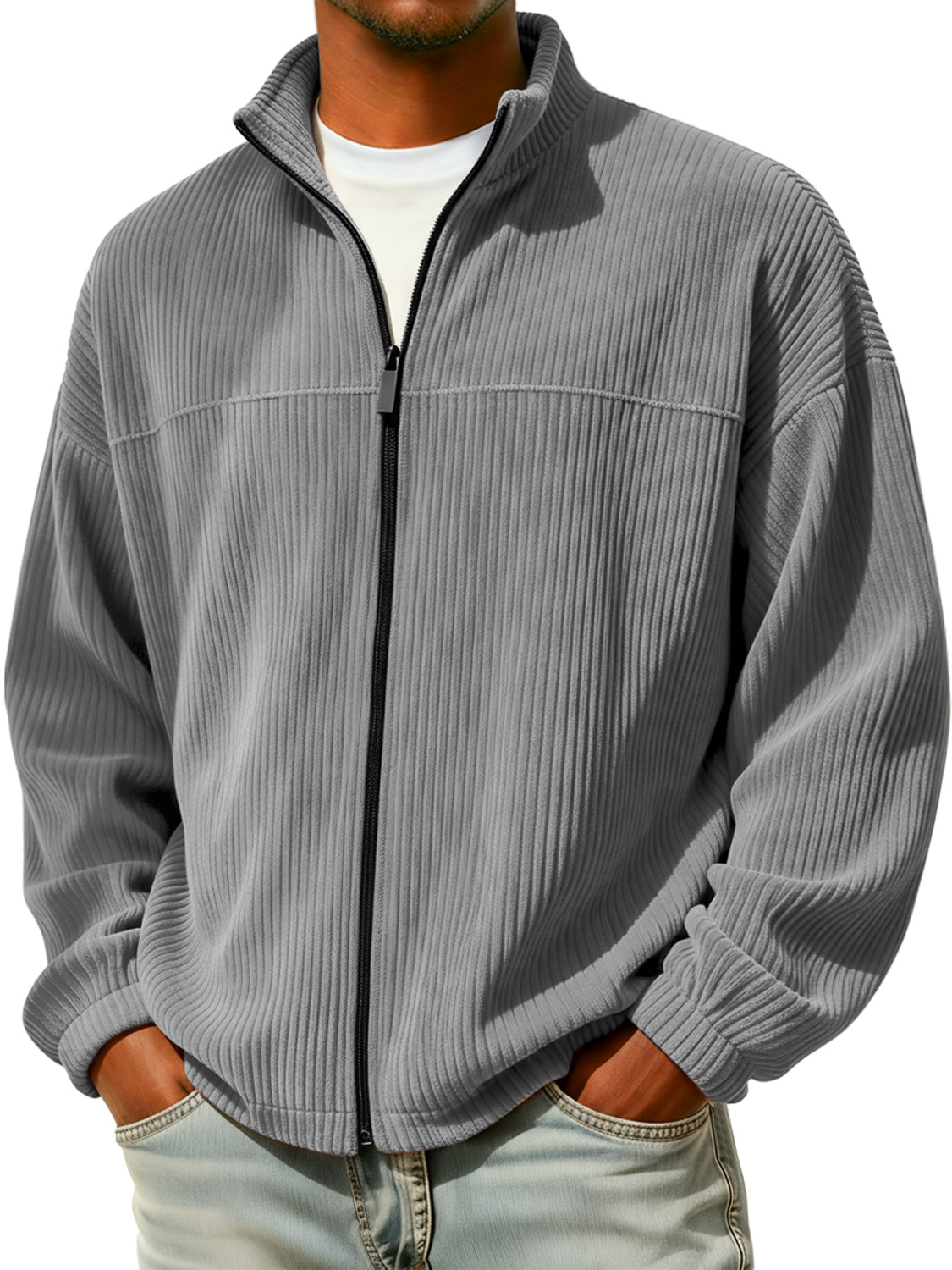 Herren einfache Stehkragen Reißverschluss Cord-Jacke casual-deurabatt