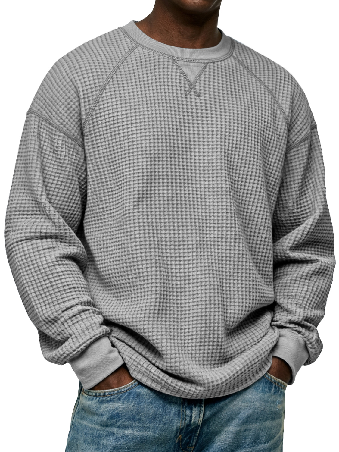 Herren Einfaches Waffelstrick Rundhals Raglanärmel Langarm-T-Shirt-deurabatt