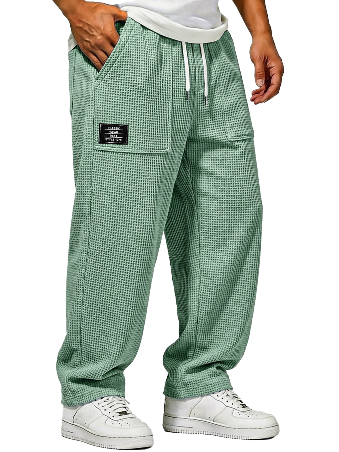 Herren Waffelstrick Freizeitlockere Hose mit aufgesetzten Taschen und gesticktem Logo-deurabatt