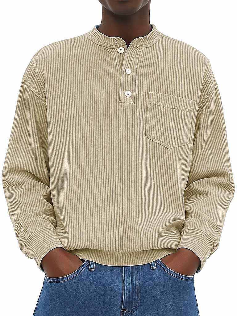 Herrenmode Freizeit Ribstoff Stehkragen Langarm Henley-Shirt-deurabatt