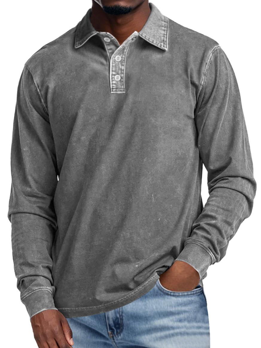 Herren Retro Revers Knopf Lässiges Einfarbiges Langarm Polohemd-deurabatt