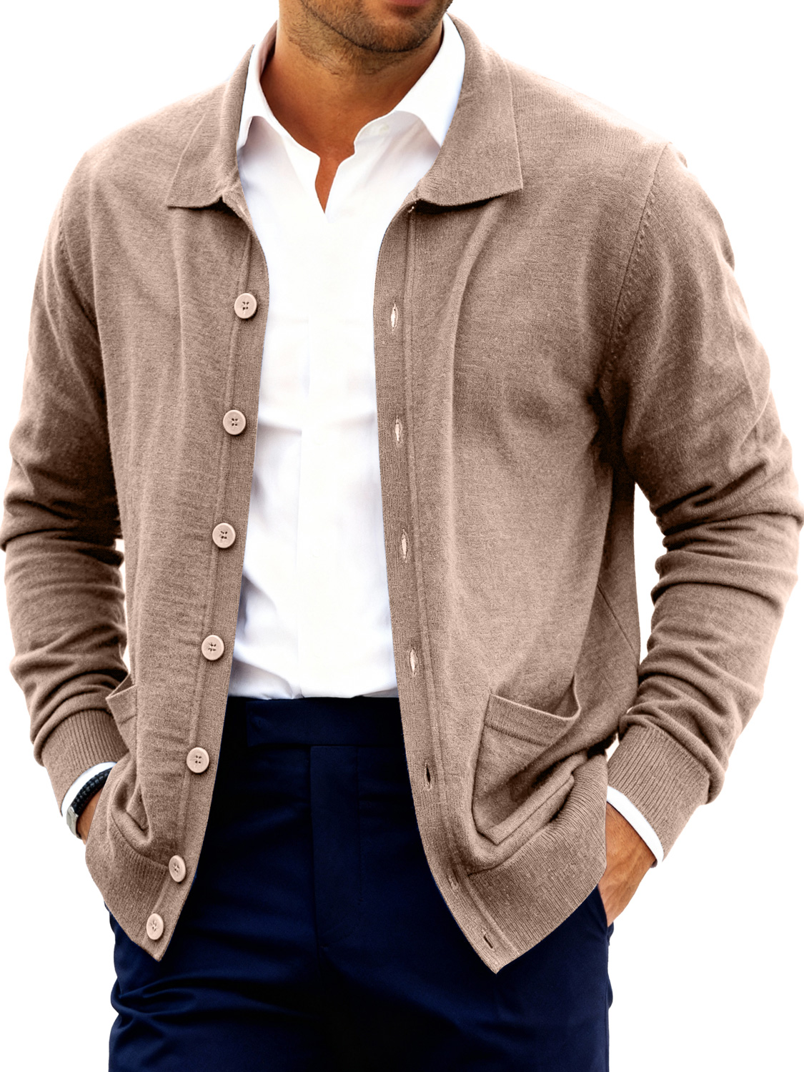 Herrenmode Revers Knopf Doppelter Taschen Pullover Jacke-deurabatt