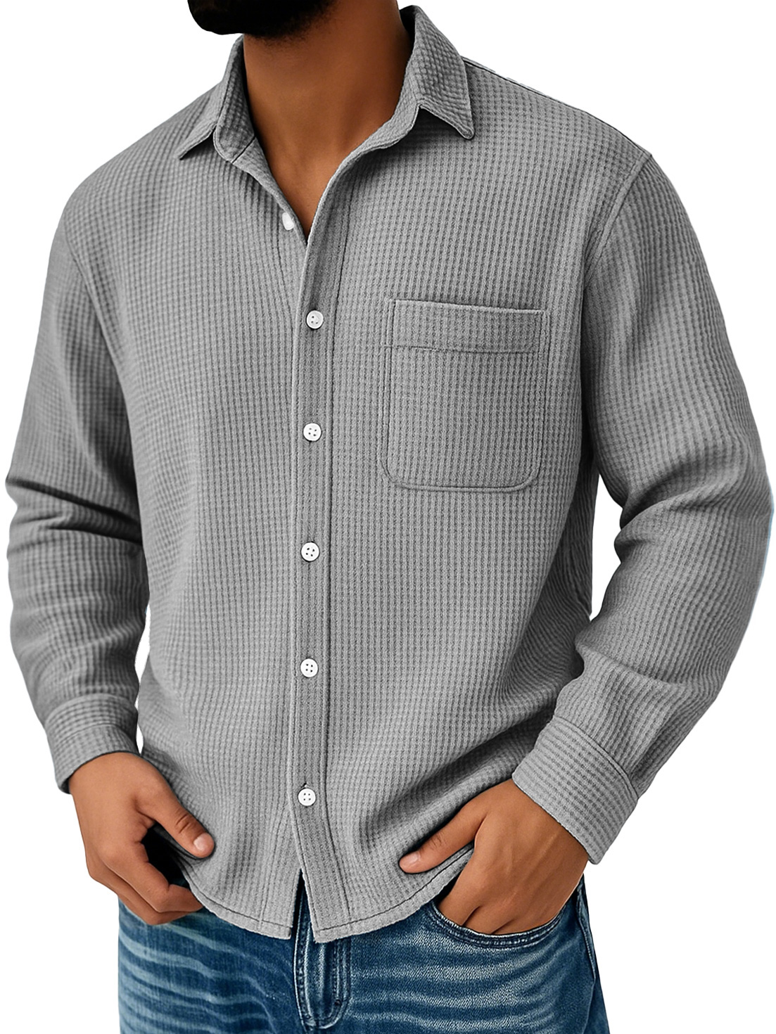 Herren Alltags Waffel Freizeit Tasche Komfort Langarmshirt-deurabatt