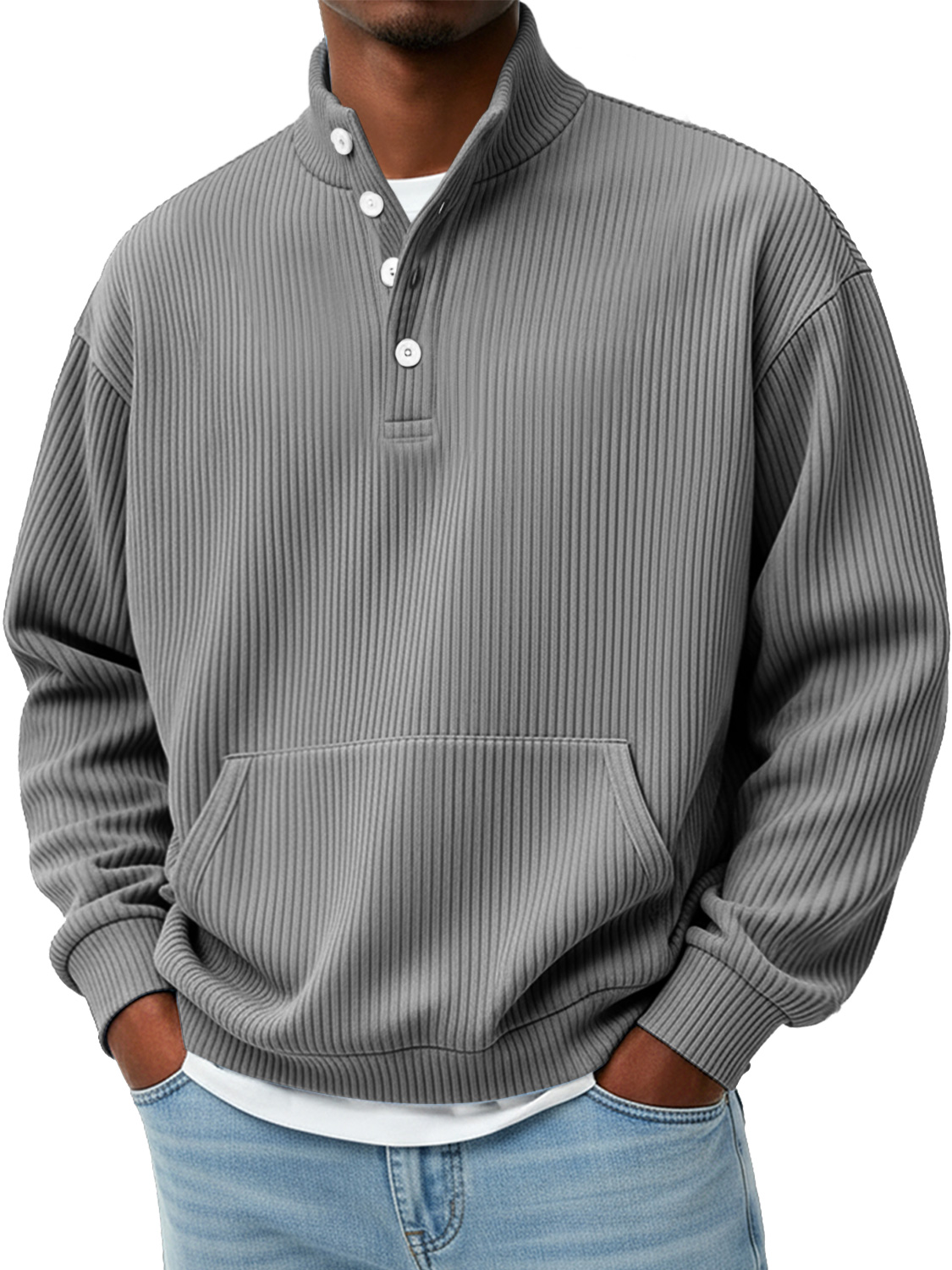 Herren Einfaches Rippkragen Knopf Freizeit Lockeres Sweatshirt-deurabatt