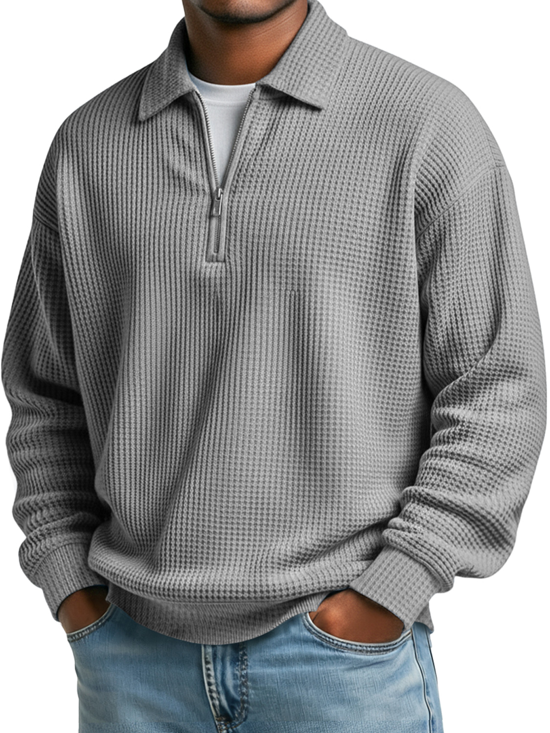 Einfaches Waffelkragen Reißverschluss Freizeit Poloshirt in einfarbig-deurabatt