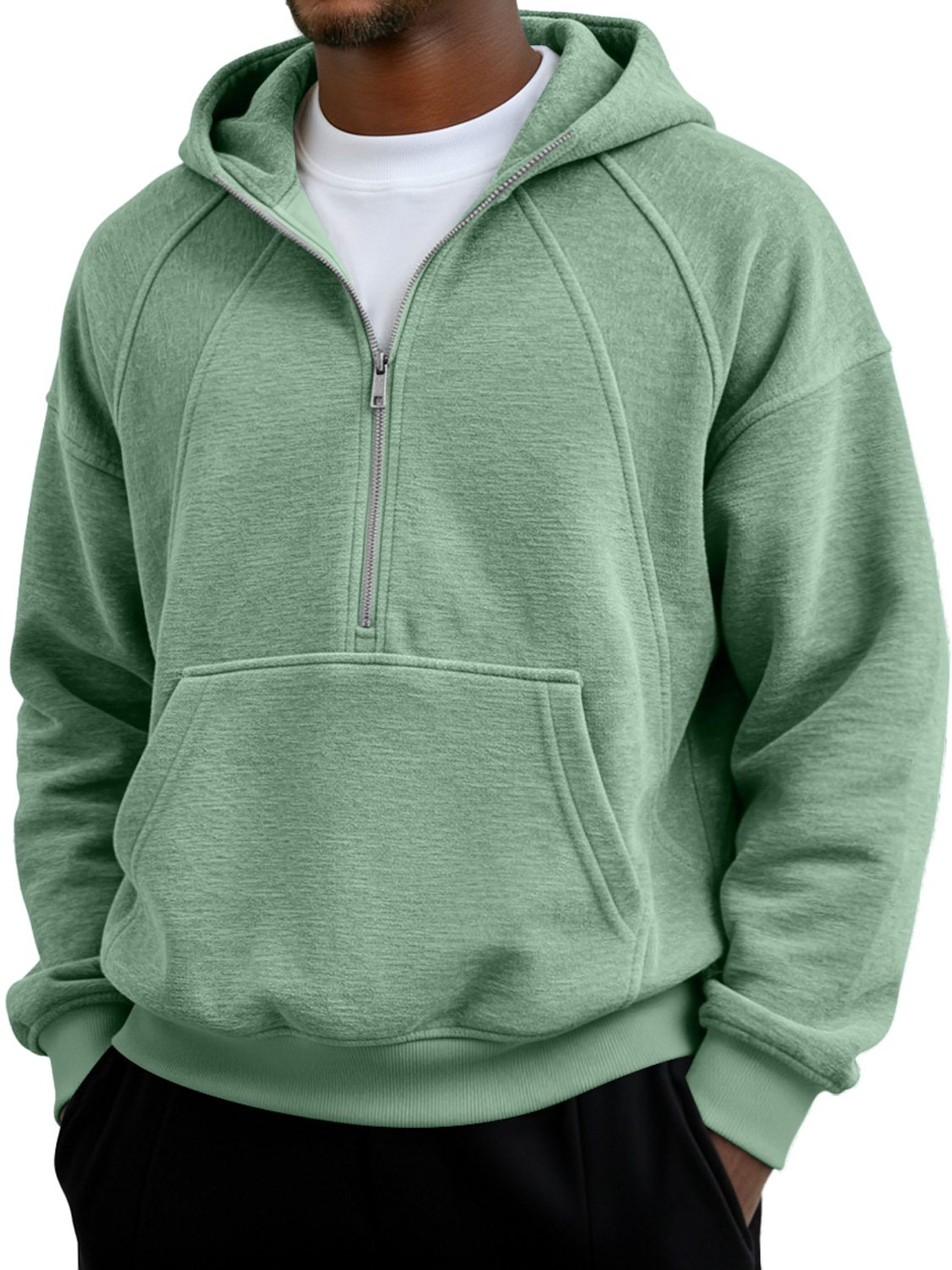 Herren Einfaches Raglanärmel Patchwork Reißverschluss Kapuzen Freizeit Tasche Sweatshirt-deurabatt