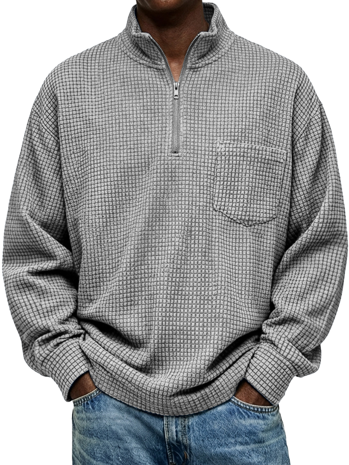 Herren Vintage Kleine Karomuster Stehkragen Reißverschluss Freizeit Langarm T-Shirt mit Taschen-ZierMode