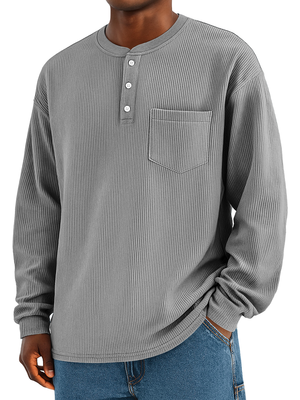 Männliches modisches Alltags-Ripp-Taschen-Casual Langarm-Henley-Shirt-deurabatt
