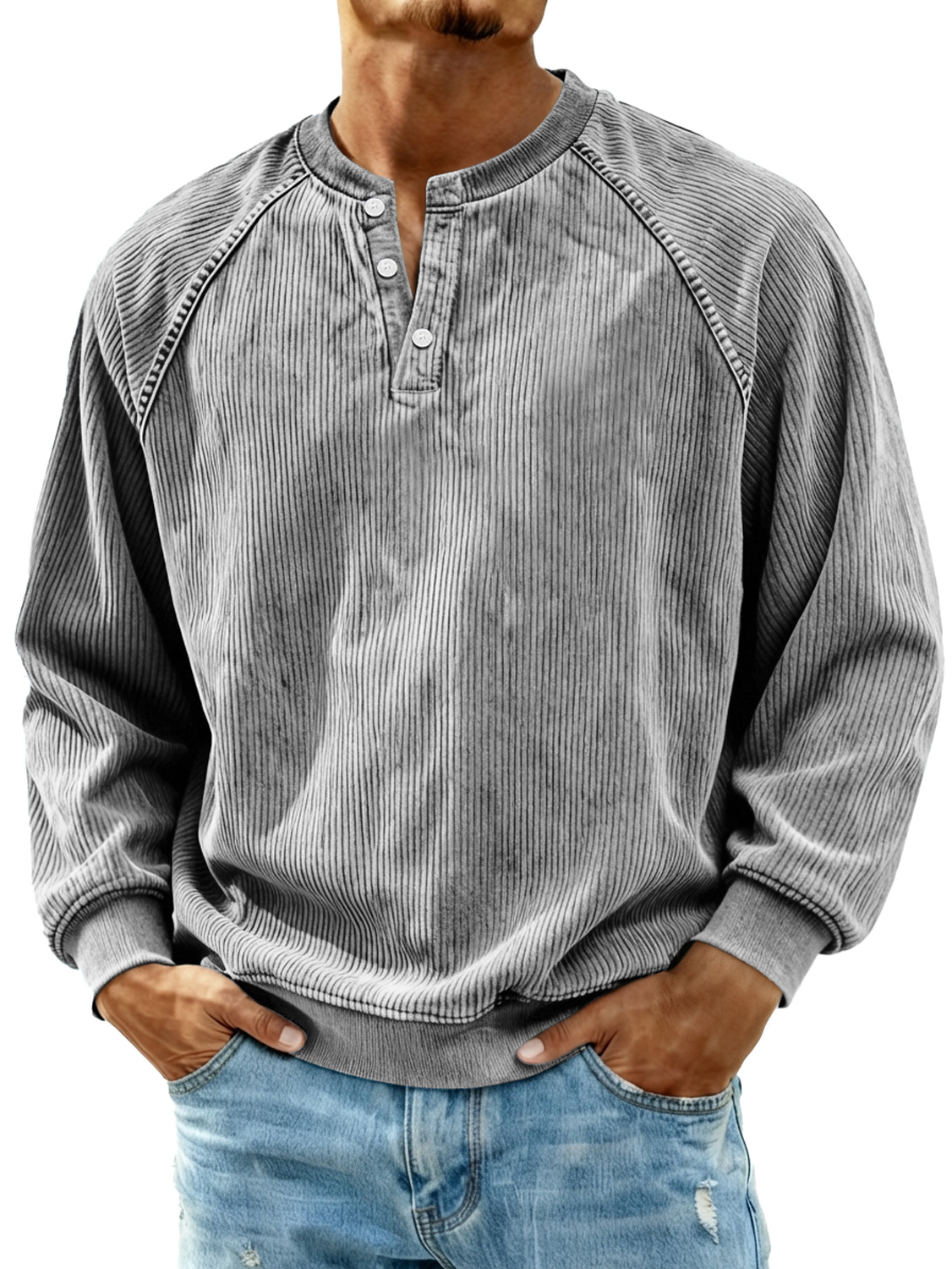 Herren Retro Corduroy Raglan Freizeit Langarm Henley Shirt-deurabatt