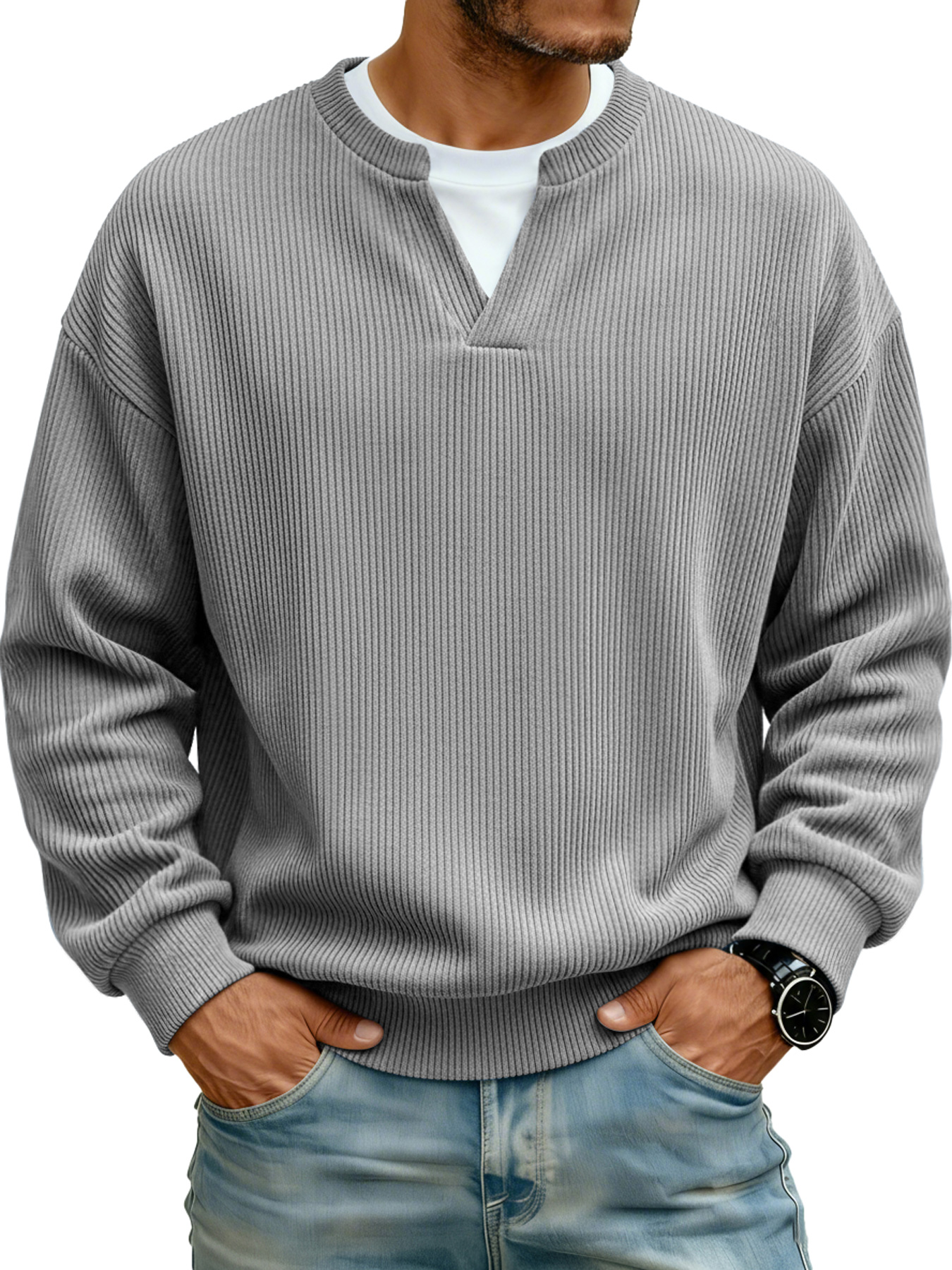 Herren Ripp-V-Ausschnitt Faux Zwei-Teile Freizeit Langarm T-Shirt-deurabatt