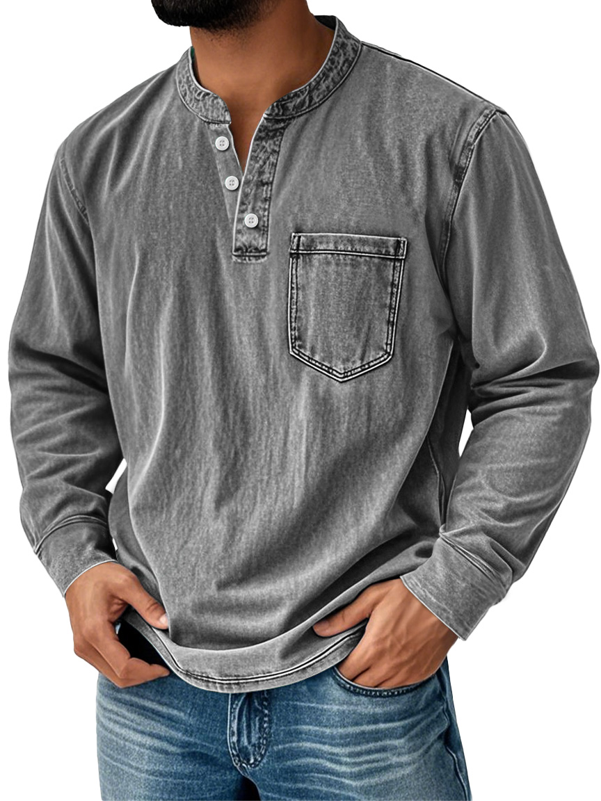 Herren Retro Stehkragen Taschen Freizeit Abgenutzte Langarm Henley Shirt-deurabatt