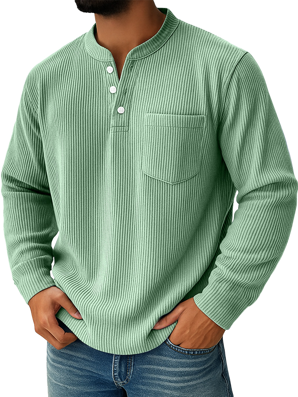 Herren Einfaches Alltags-Ripp-Stehkragen-Taschen-Lässiges Langarm-Henley-Shirt-deurabatt