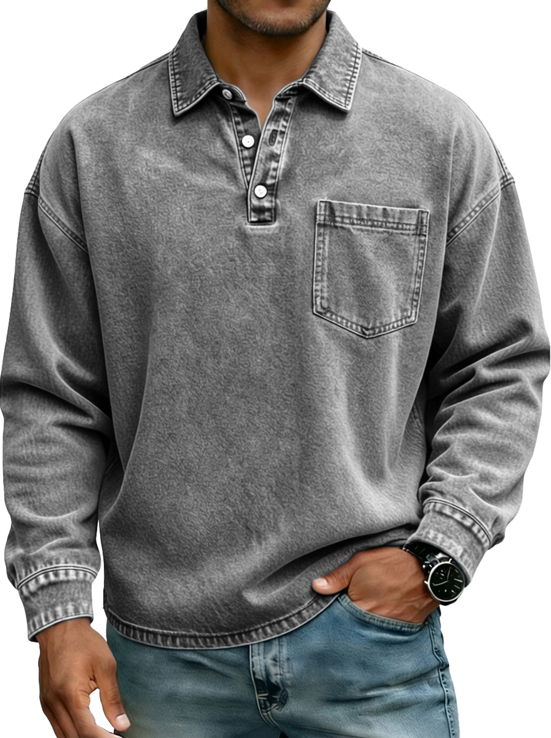 Herren Vintage-Stil Taschen Freizeit Revers Knopf-down Langarm Polohemd-deurabatt