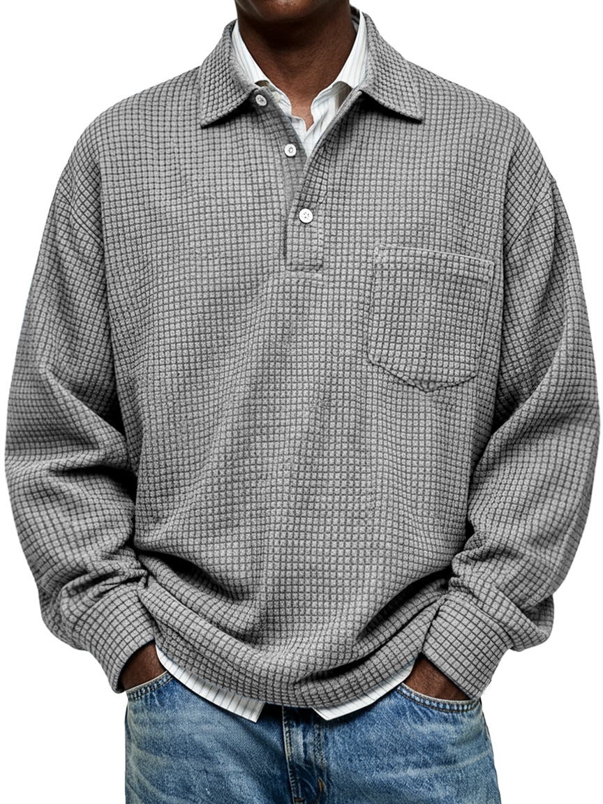Einfaches Kordel-Corn-Plüsch-Karomuster-Revers-Button-Lässiges Langarm-Polohemd-deurabatt