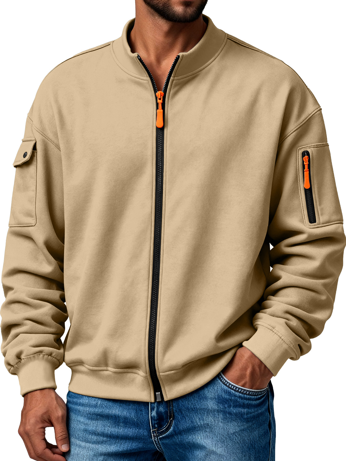 Herren Mehrfachtaschen Stehkragen Reißverschluss Freizeitjacke-deurabatt