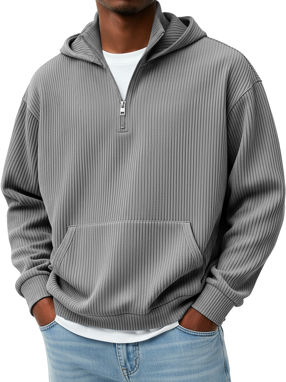Herren Pit Stripe Stehkragen Reißverschluss Lässiger Lockere Kapuzenpullover-deurabatt