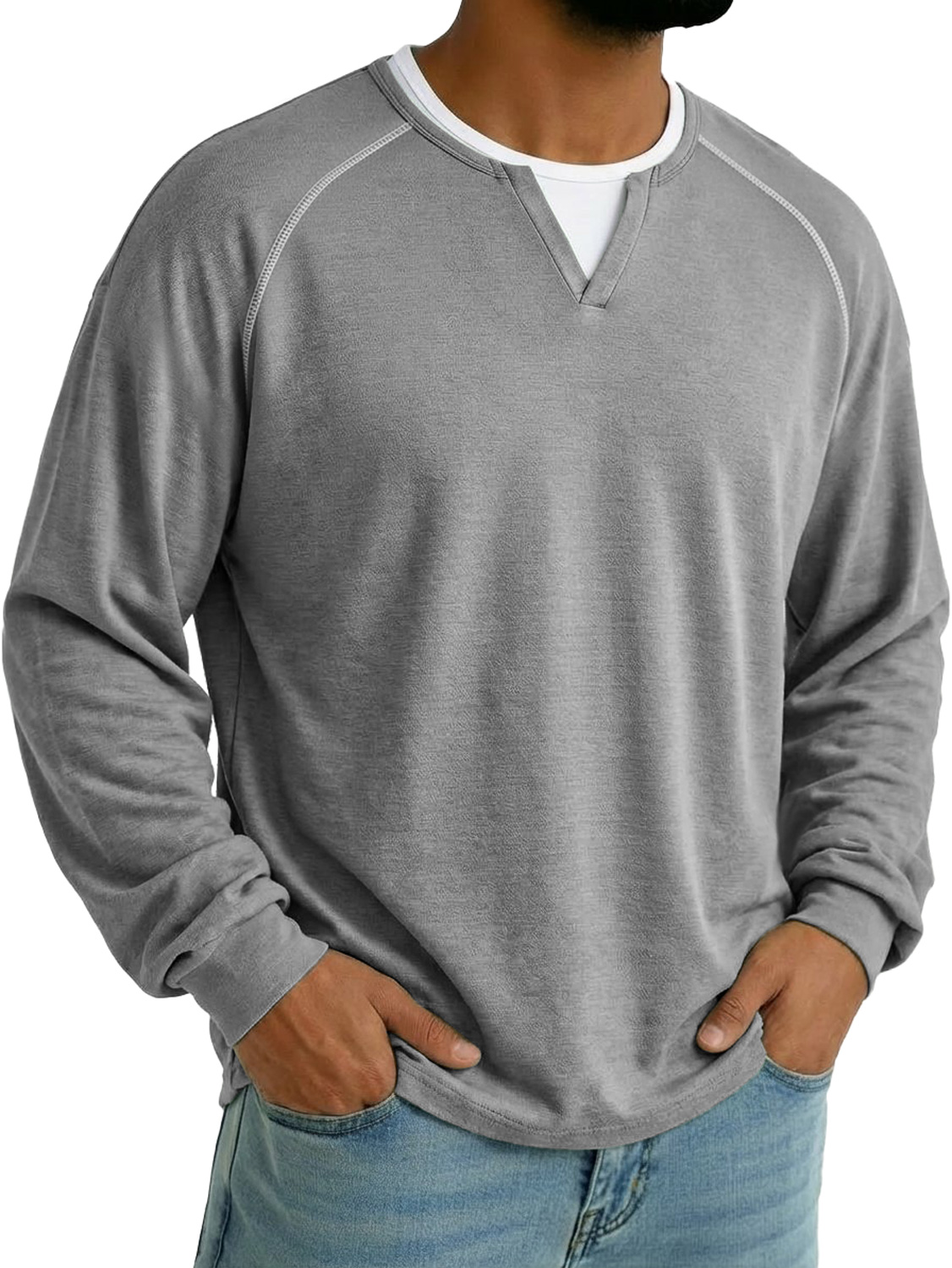 Herren Faux Zweiteilig Doppel-Lagen Kragen Raglan Ärmel Lässiges Langarm T-Shirt-deurabatt