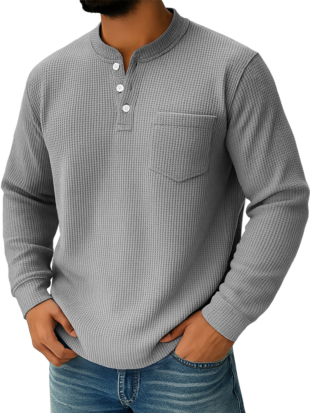Herren Alltags Waffelkragen Button-Down Freizeit Langarm Henley-deurabatt