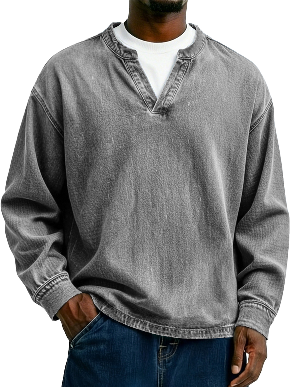 Herren Vintage-Stil Freizeit Langarm-T-Shirt mit einem Faux-Zweiteiler Doppelkragen-Design-deurabatt