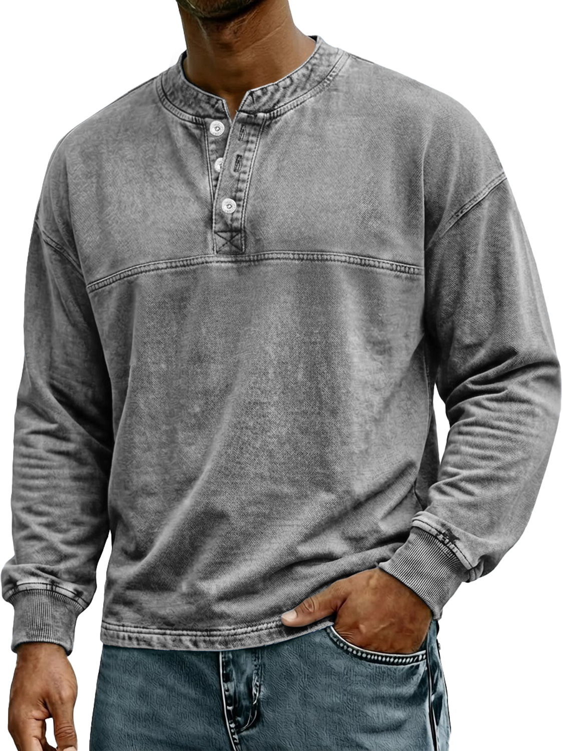 Herren Retro-Stil Stehkragen Knopf Freizeit Langarm Henley Hemd-deurabatt