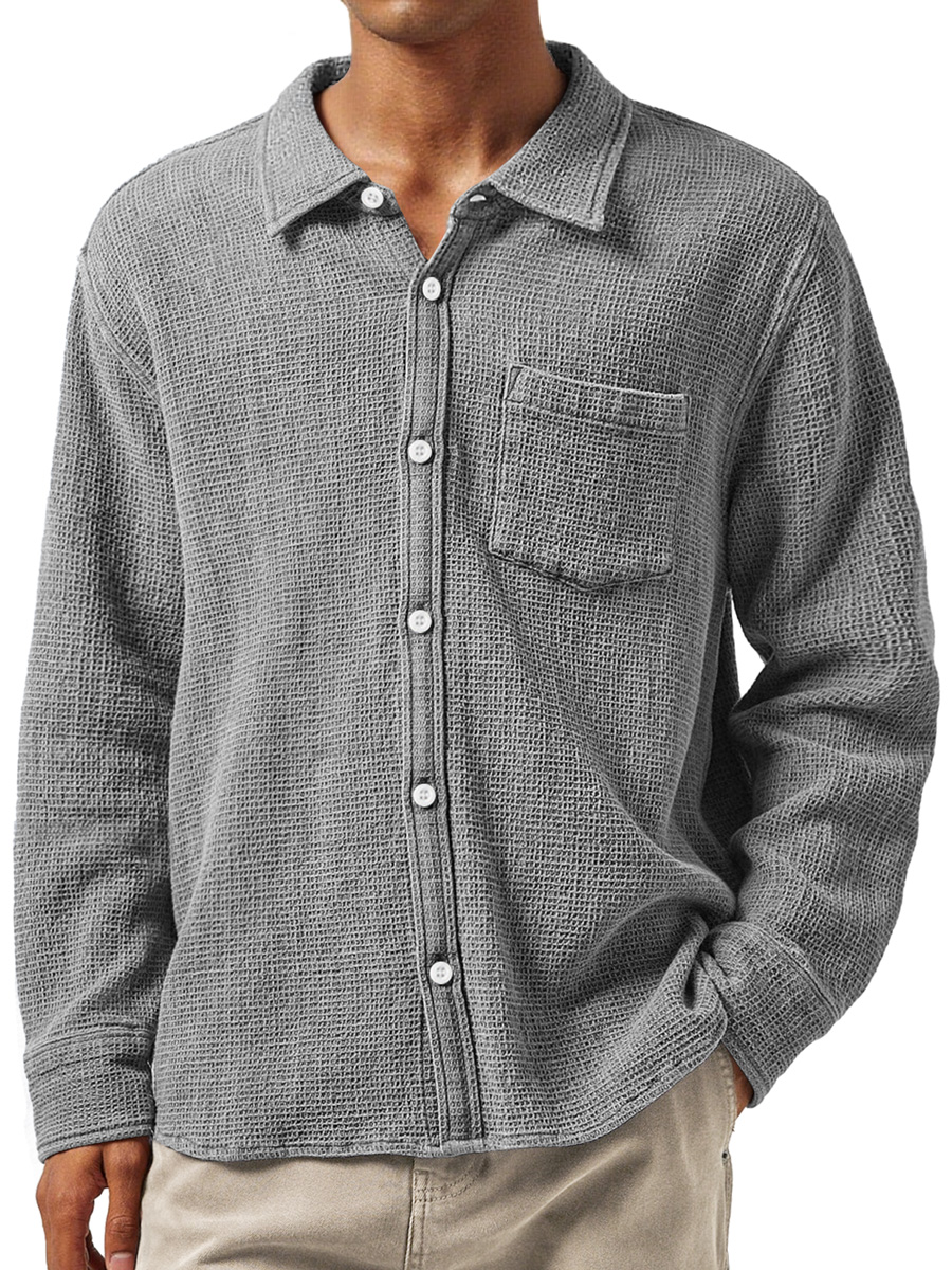 Herren Daily Waffle Texture Revers Tasche Lässige Langarmshirt-deurabatt