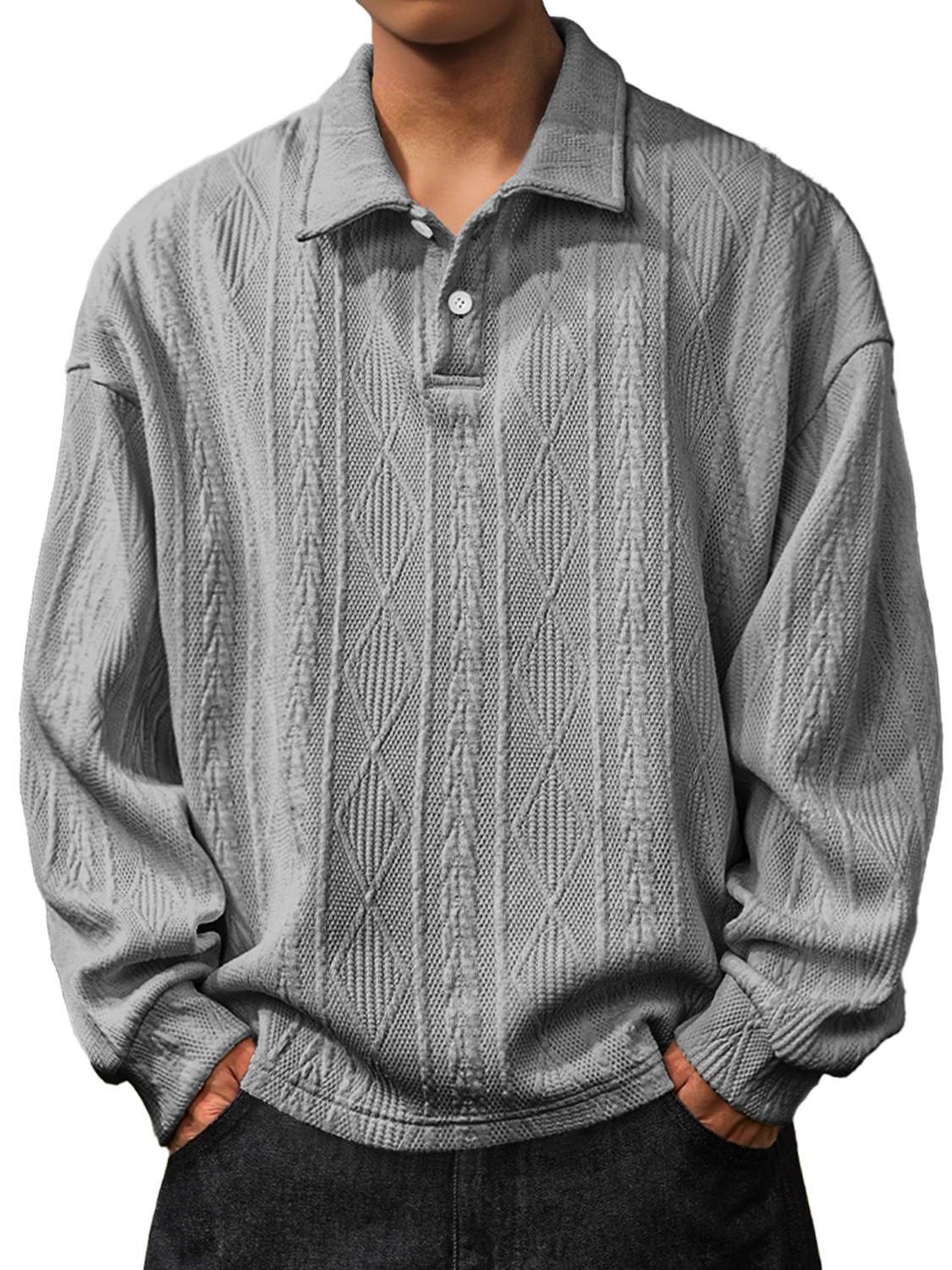 Herren Daily Jacquard Struktur Revers Knopf Langarm Polohemd-deurabatt