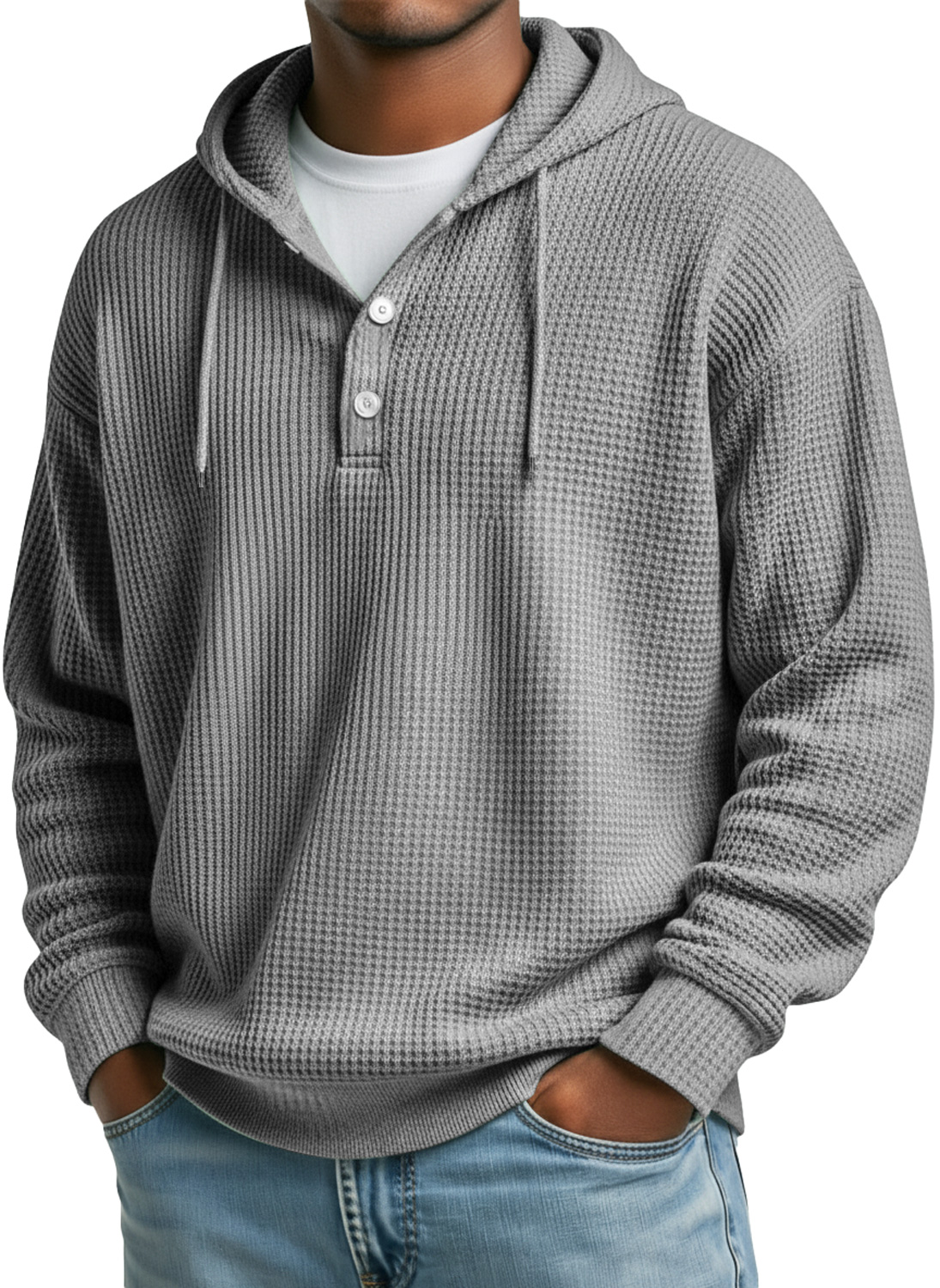 Herren Waffel Freizeit Kapuzenknopf Lockere Sweatshirt-deurabatt