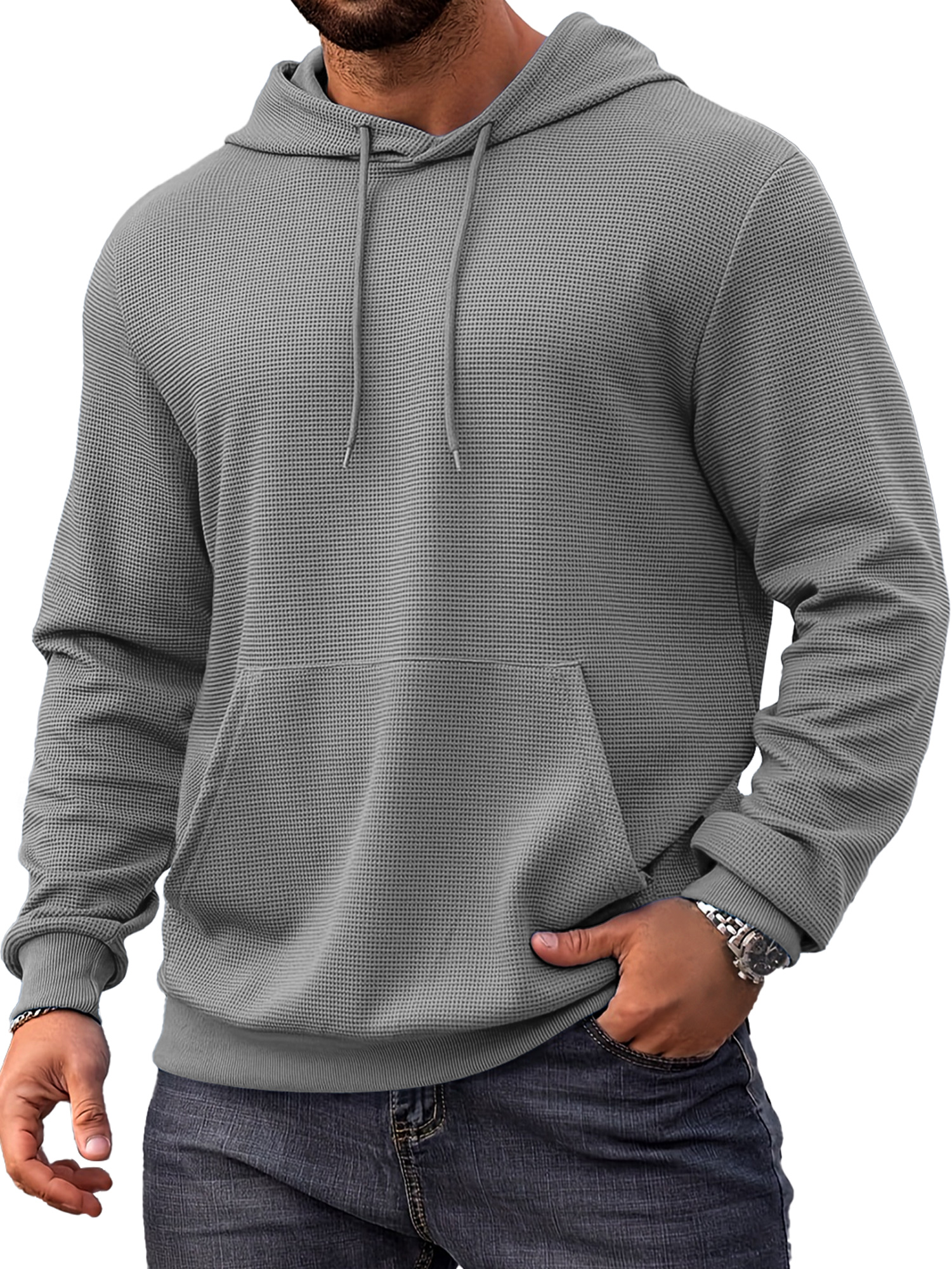 Herren Alltags Einfach Waffel Bequem Langarm Kapuzenpullover-deurabatt