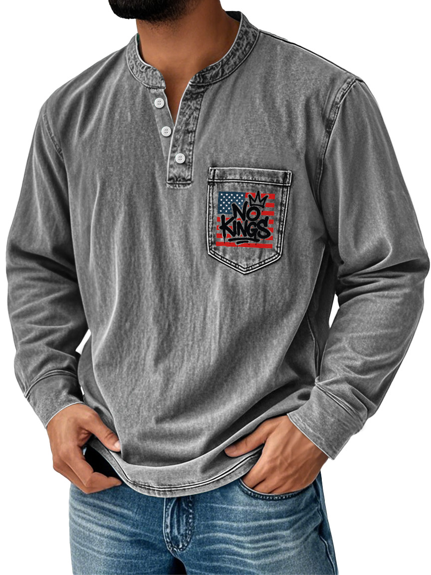 Herren Vintage No Kings Stehkragen Knopf Tasche Lässig Langarm Henley-deurabatt