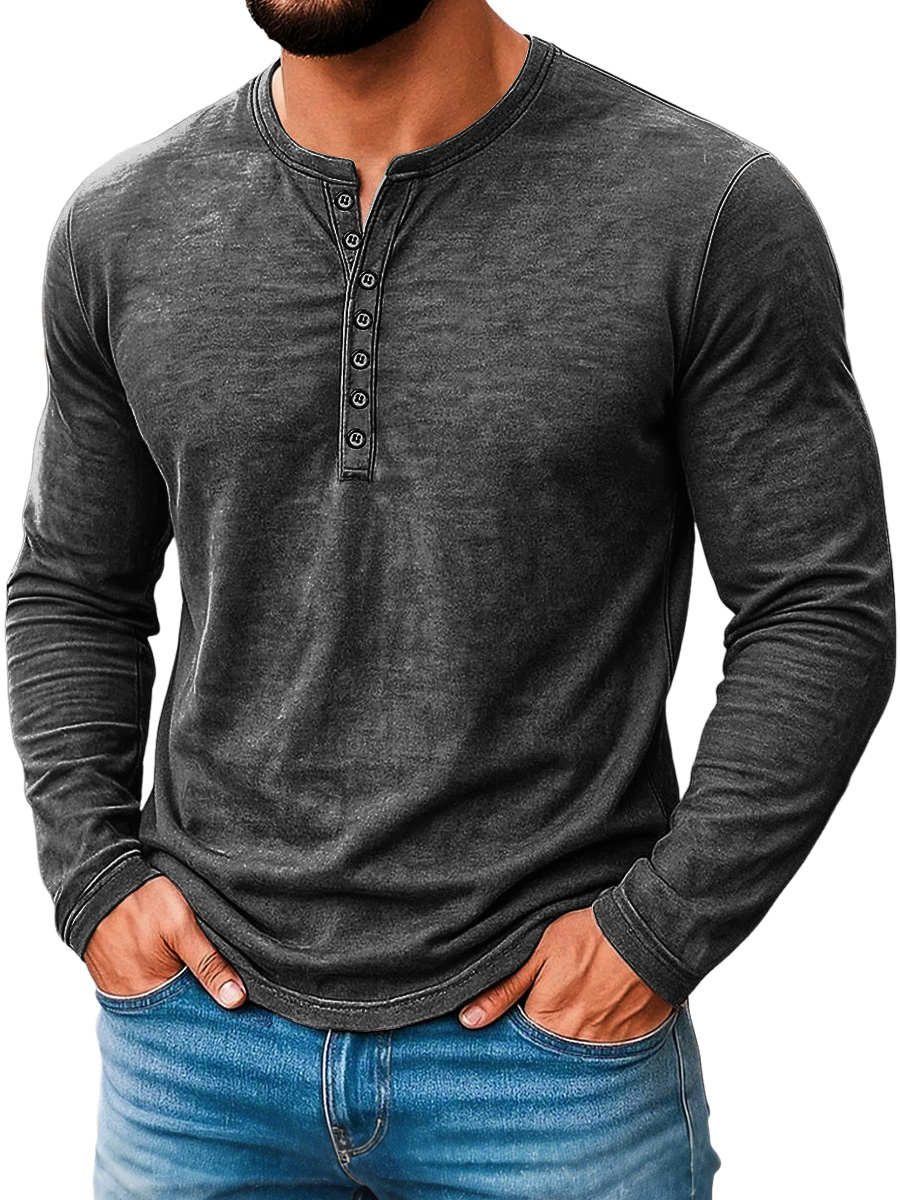 Herren Vintage Abgenutztes Baumwolle Lässig Knopf-Down Langarm Henley Hemd-deurabatt