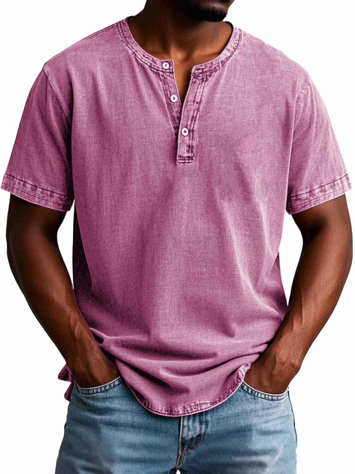 Herrenmode Vintage Verwaschenes Kurzarm-Henley-Shirt-deurabatt