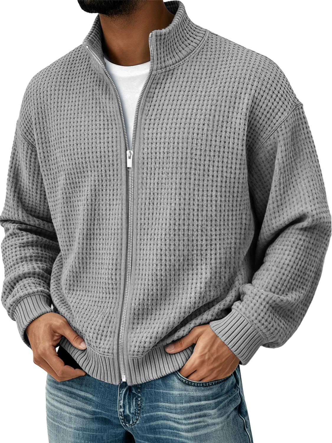 Herren Einfacher Stehkragen Waffel Freizeit Zip-Up Jacke-deurabatt