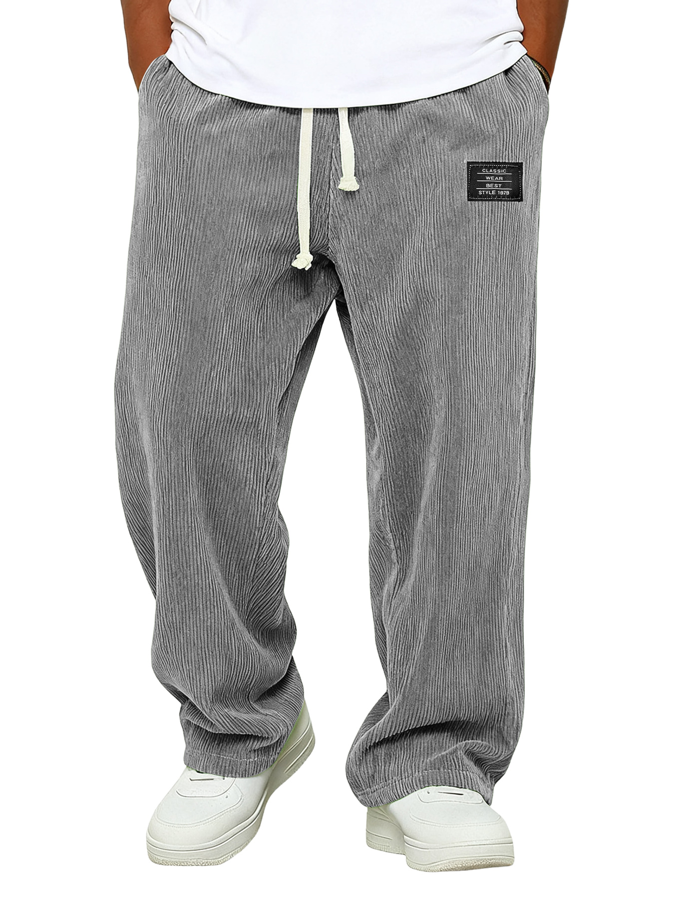 Einfache Corduroy Bestickte Logo Locker sitzende Hose mit elastischem Bund-deurabatt