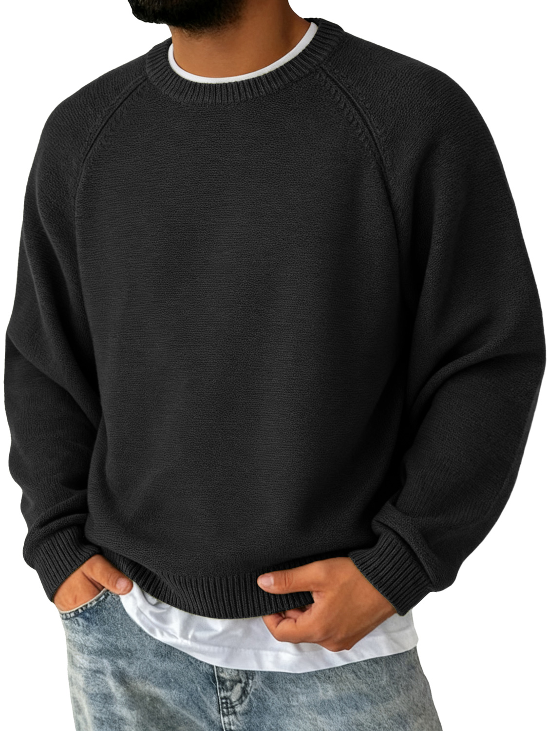 Herren Einfacher Rundhalsausschnitt Raglanärmel Freizeit Bequemer Pullover-deurabatt
