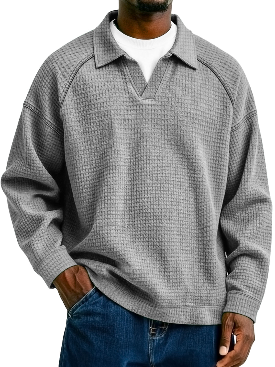 Herren Waffelstrick-Kragen Faux Zwei-Teiler Raglan Patchwork Freizeit Polo-Shirt-deurabatt