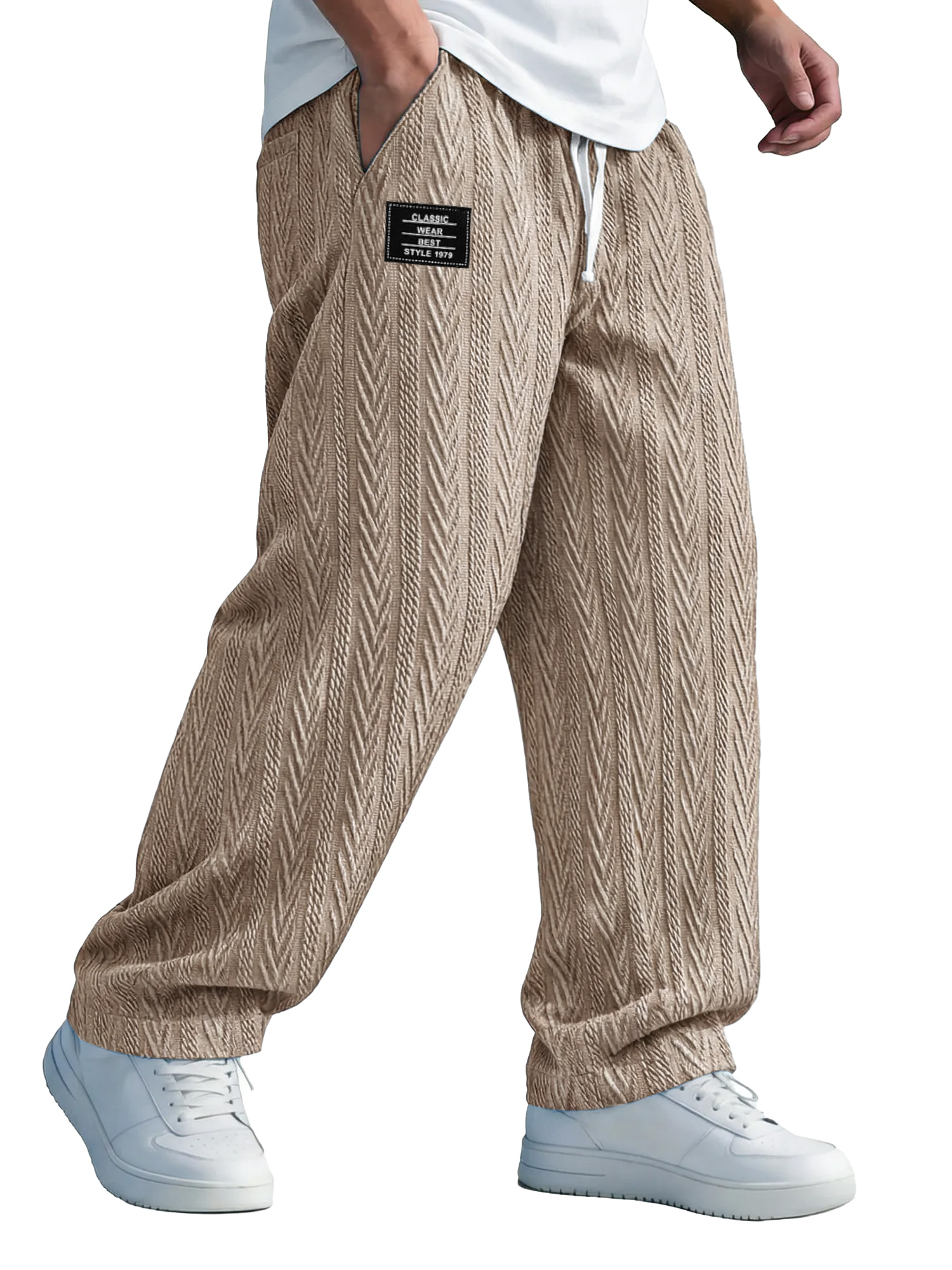 Herren einfarbige Jacquard-Textur Freizeit-Hosen mit elastischem Bund und gesticktem Logo.-deurabatt